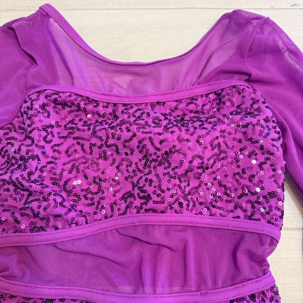Weismann‎ girls long sleeve dance costume purple sequins tassel medium child